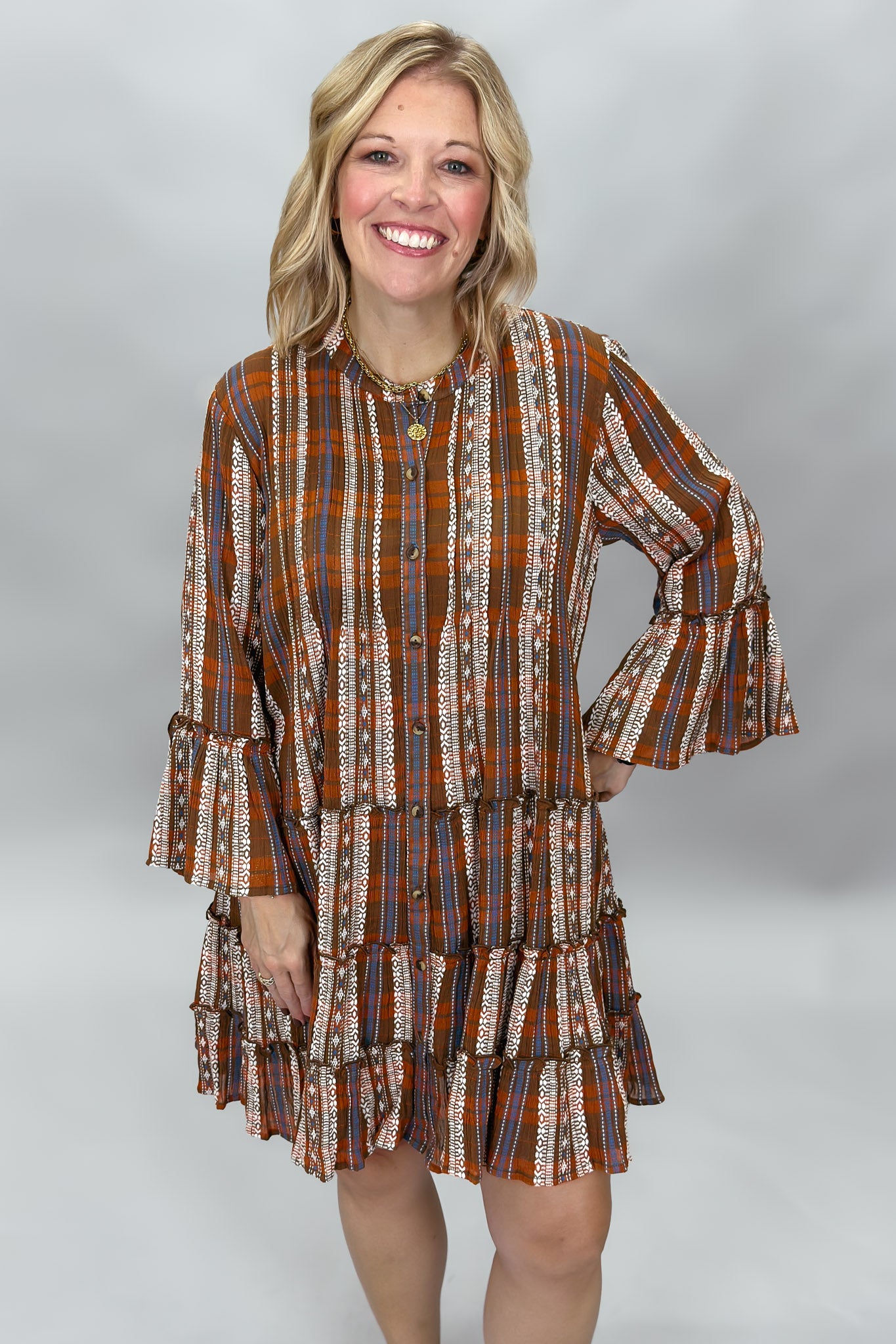 Ivy Jane plaid tiered button down dress, brown, styled