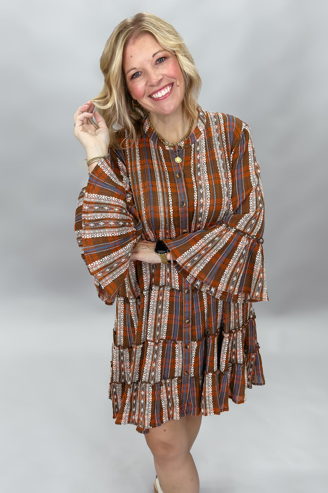 Ivy Jane plaid tiered button down dress, brown, alternate view