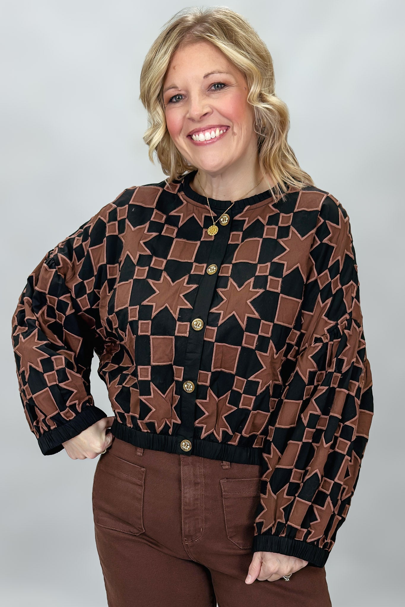 Ivy Jane Quilted Button Down Star Jacket, Black