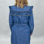 Ivy Jane blue denim mini dress with ruffled yoke and waist tie; back view.