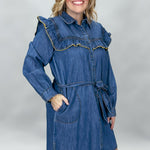 Ivy Jane blue denim mini dress with ruffled yoke and waist tie; front model view.