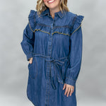 Ivy Jane blue denim mini dress with ruffled yoke and waist tie; front model view.