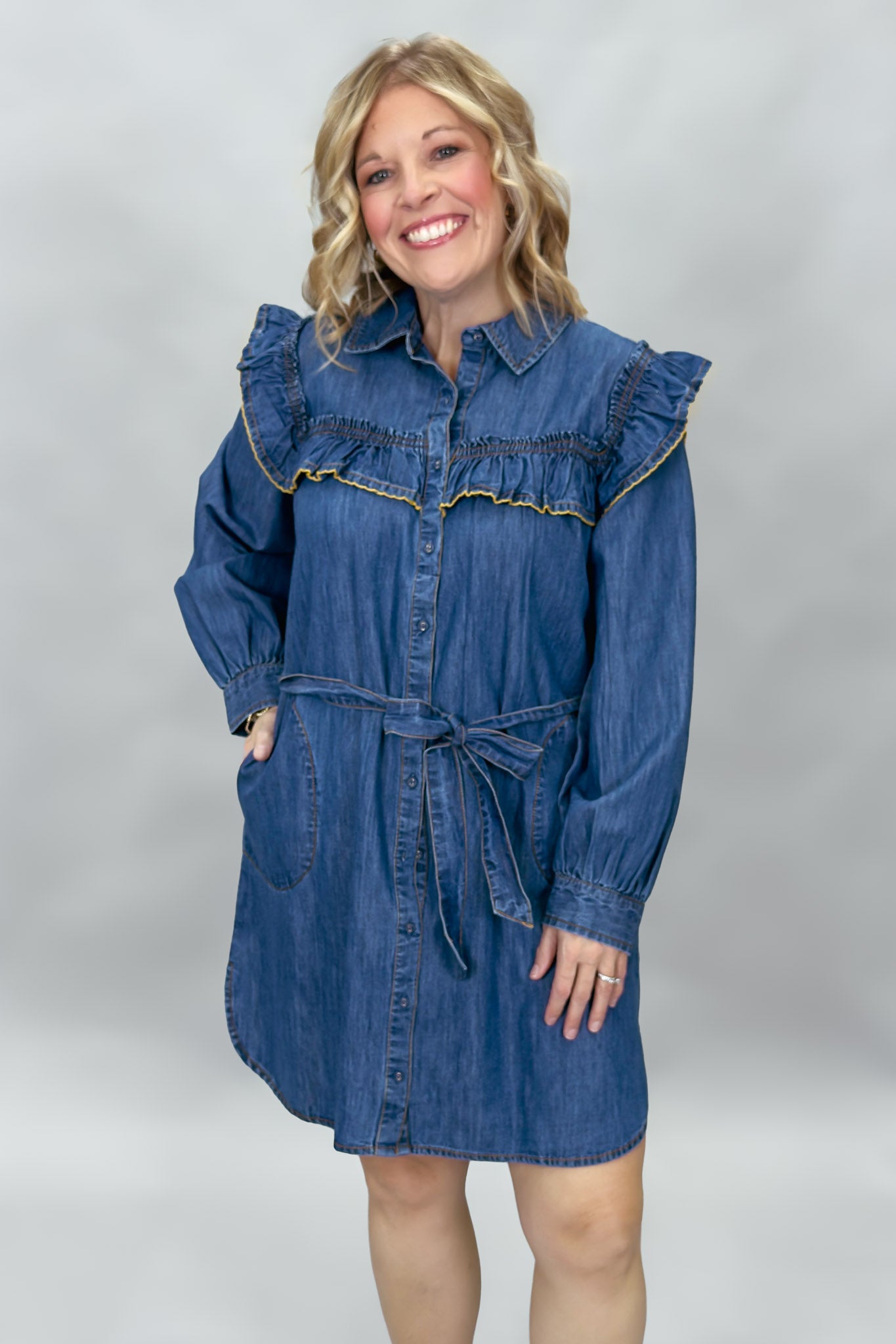 Ivy Jane Ruffle Collar Long Sleeve Denim Mini Dress