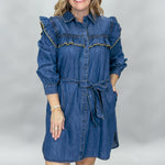 Ivy Jane blue denim mini dress with ruffled yoke and waist tie; front view with sleeves pushed up.