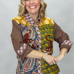 Ivy Jane tiger patchwork button-down with plaid collar and cuffs; front model view.
