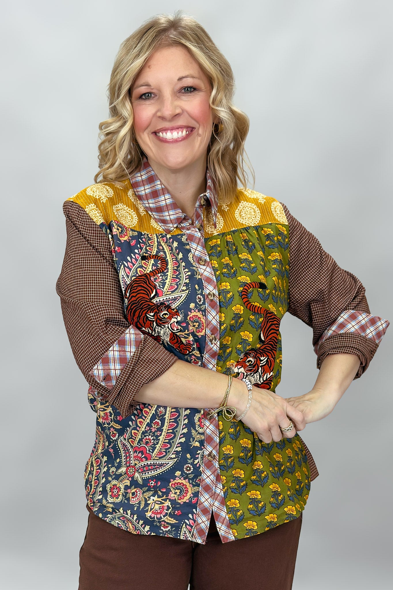 Ivy Jane Tiger Patchwork Long Sleeve Button Down Top