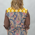 Ivy Jane tiger patchwork button-down with plaid collar and cuffs; back view.