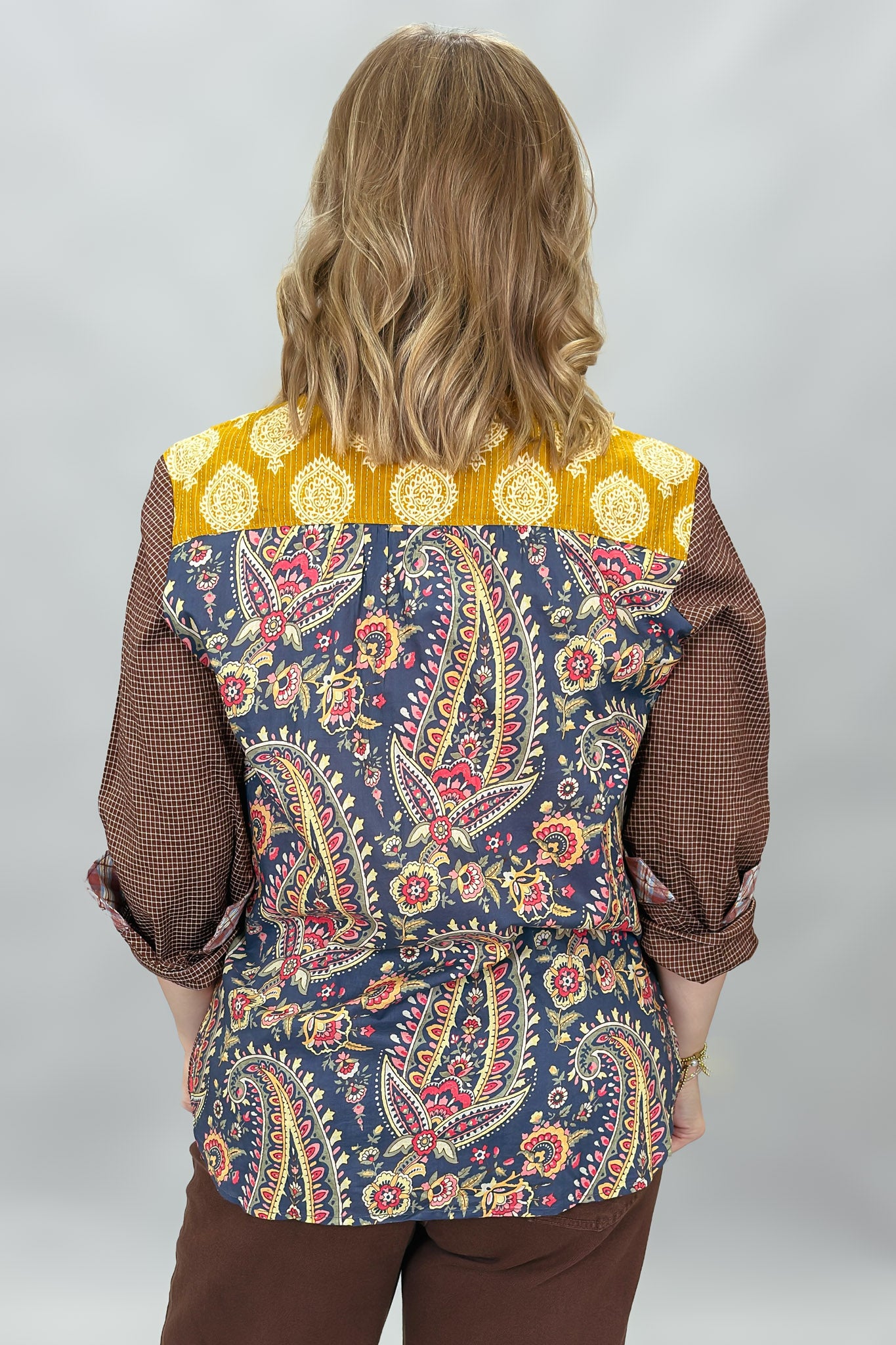 Ivy Jane tiger patchwork button-down with plaid collar and cuffs; back view.