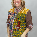 Ivy Jane tiger patchwork button-down with plaid collar and cuffs; angled model view.