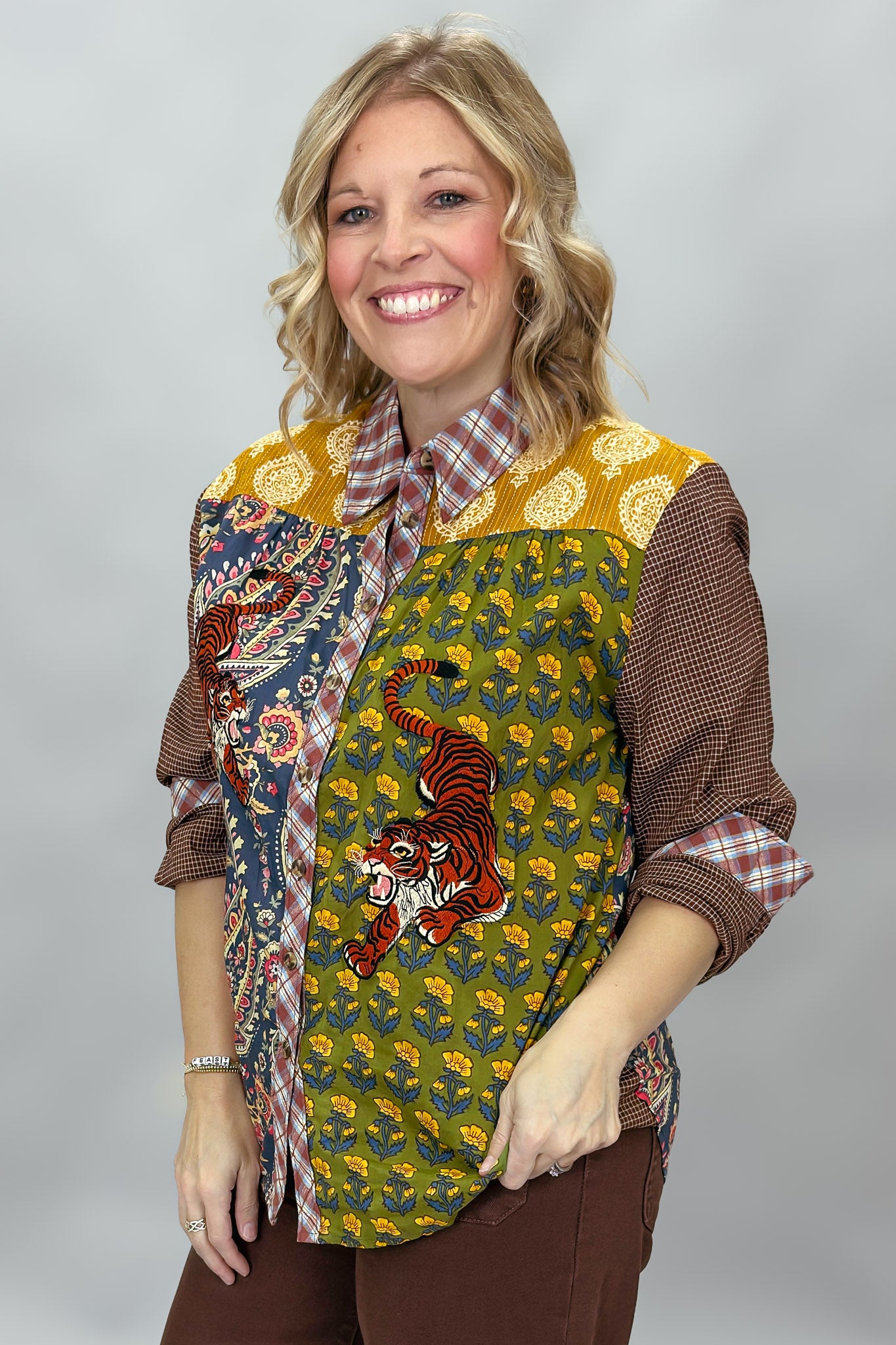 Ivy Jane tiger patchwork button-down with plaid collar and cuffs; angled model view.