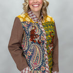 Ivy Jane tiger patchwork button-down with plaid collar and cuffs; angled model view.