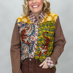 Ivy Jane tiger patchwork button-down with plaid collar and cuffs; front model view.