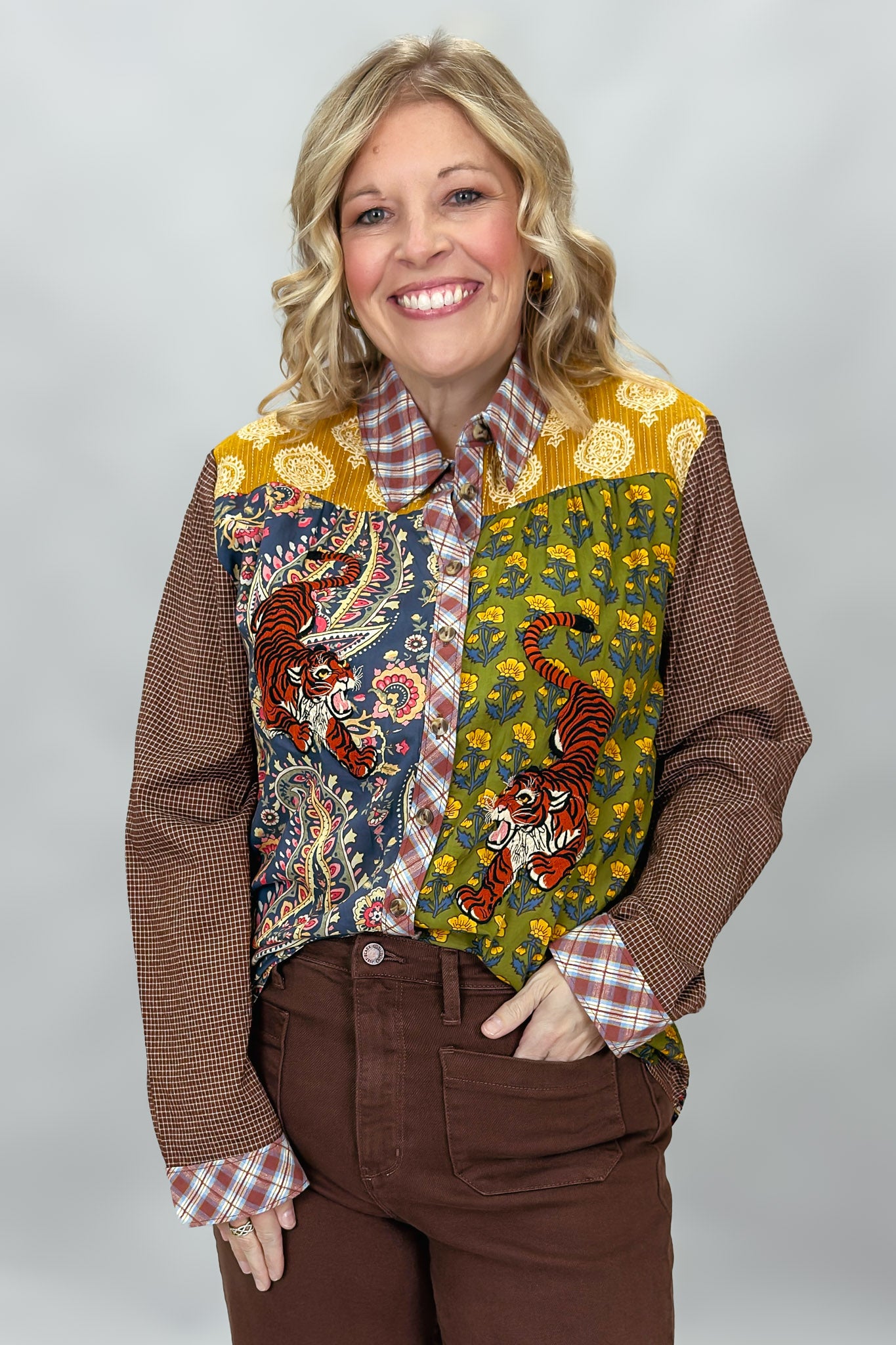 Ivy Jane Tiger Patchwork Long Sleeve Button Down Top