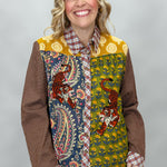 Ivy Jane tiger patchwork button-down with plaid collar and cuffs; front model view.