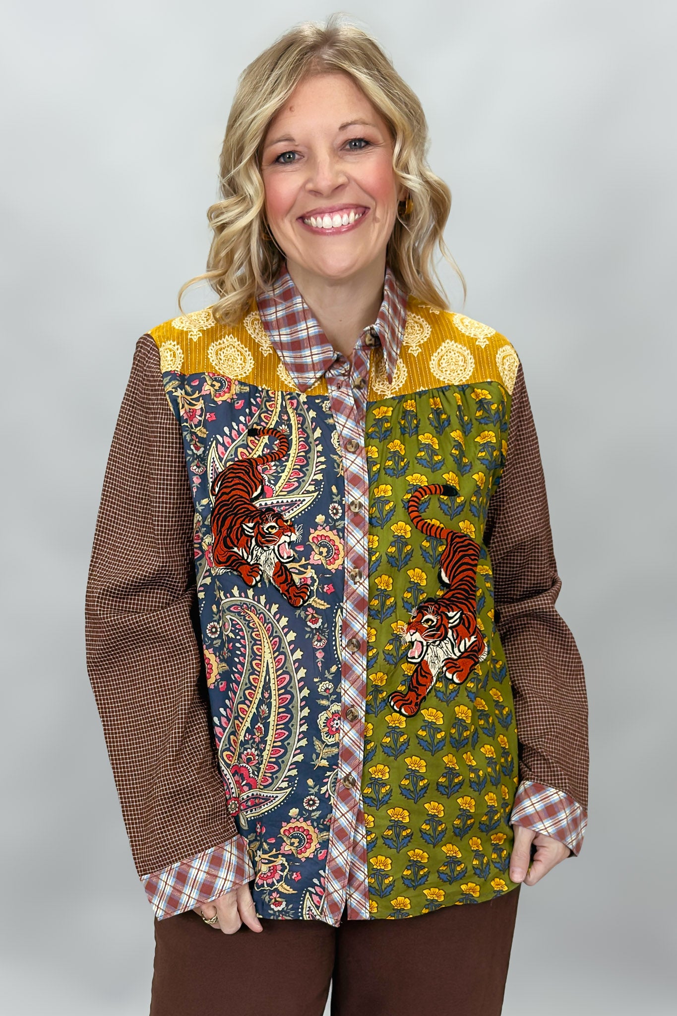 Ivy Jane tiger patchwork button-down with plaid collar and cuffs; front model view.
