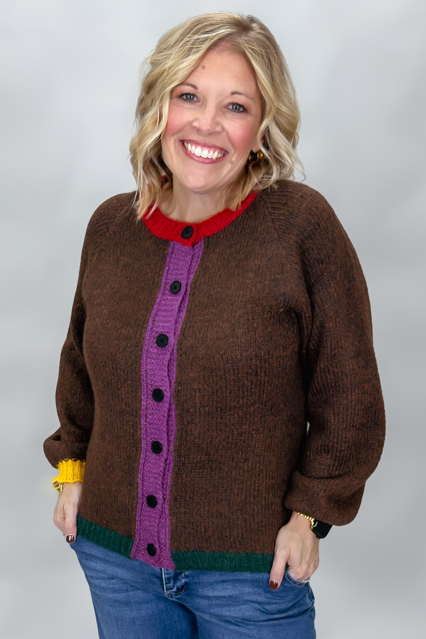 Laugh It Off Color Block Button Down Cardigan, Brown