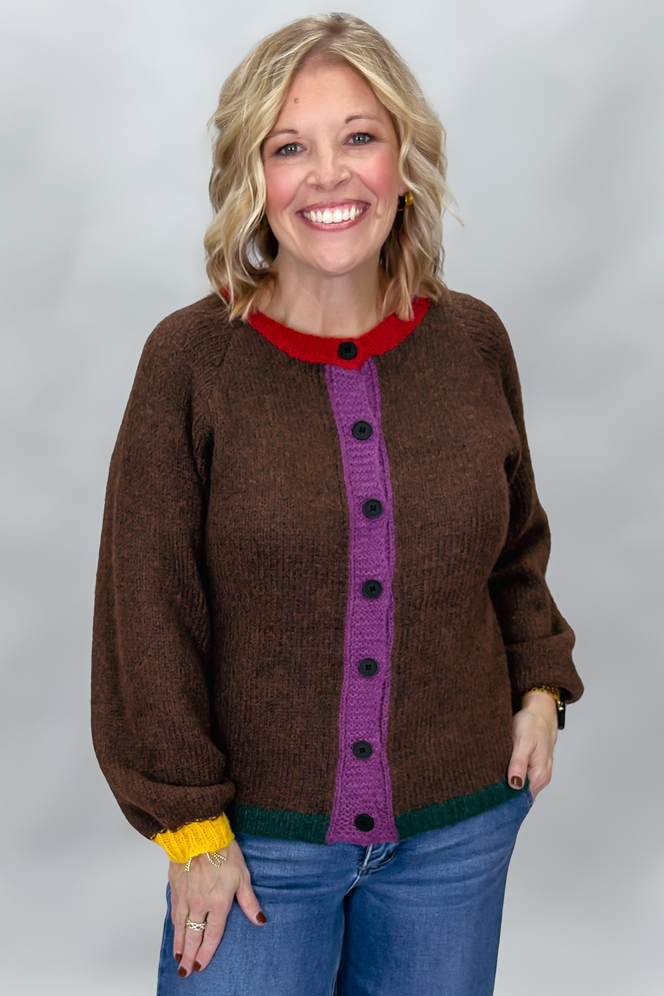 Laugh It Off Color Block Button Down Cardigan, Brown