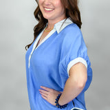 Lemon To My Lime Blue Oversized Contrast Stripe Trim Top