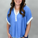 Lemon To My Lime Blue Oversized Contrast Stripe Trim Top