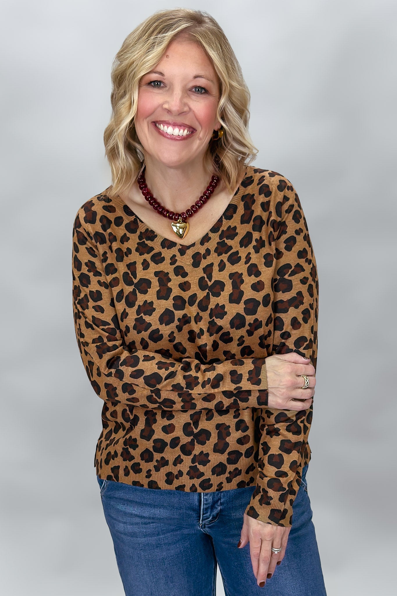 Leopard Print Knit V-neck Sweater
