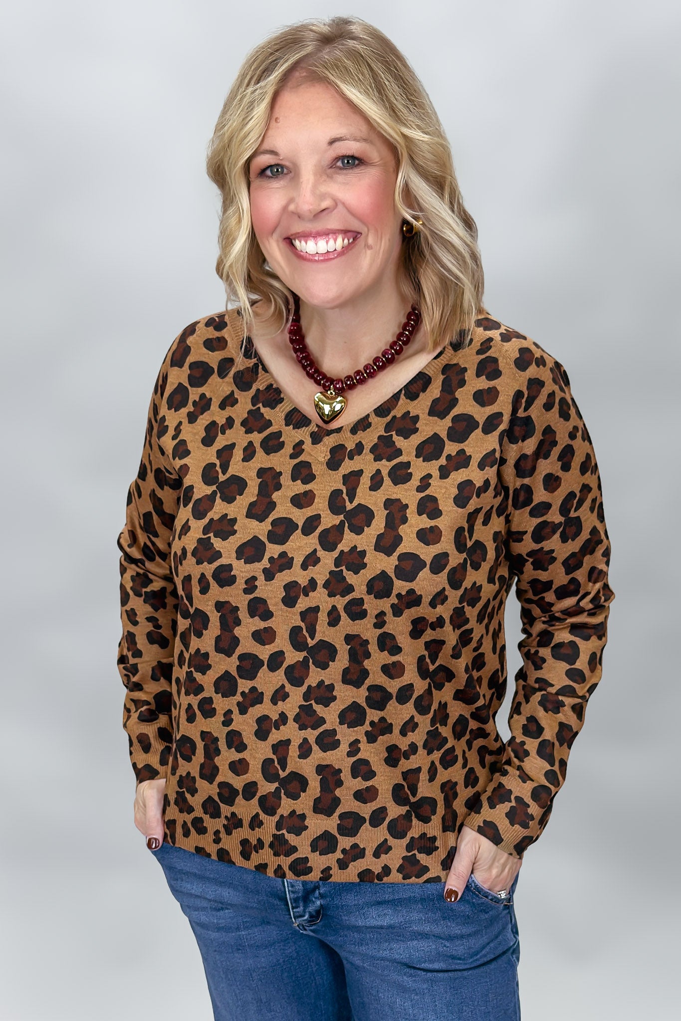 Leopard Print Knit V-neck Sweater