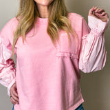 Rumor Has It Mix Material Bubble Sleeve Pocket Detail Top, Pink