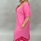 Little Red Wagon V-neck Short-sleeve Red Trim Dress, Pink