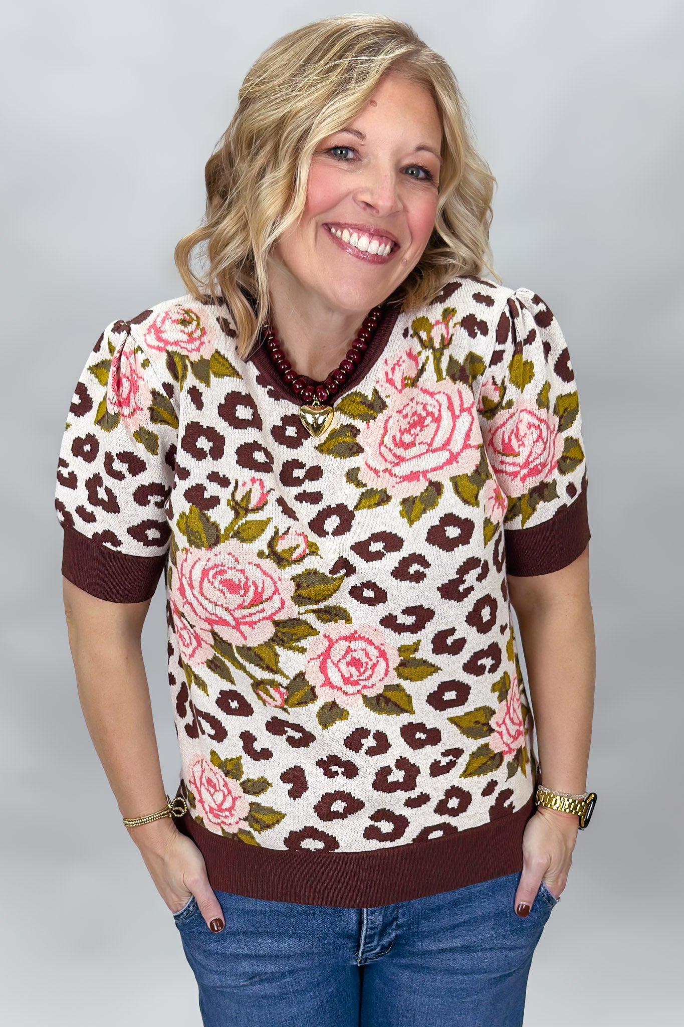 Long Lost Floral Cheetah Print Short Sleeve Crewneck Sweater, Ivory