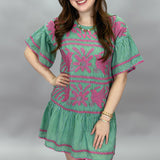 Lora Lee Half-sleeve Floral Embroidered Stripe Dress, Green