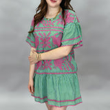 Lora Lee Half-sleeve Floral Embroidered Stripe Dress, Green