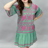 Lora Lee Half-sleeve Floral Embroidered Stripe Dress, Green