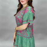 Lora Lee Half-sleeve Floral Embroidered Stripe Dress, Green