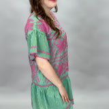 Lora Lee Half-sleeve Floral Embroidered Stripe Dress, Green