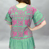 Lora Lee Half-sleeve Floral Embroidered Stripe Dress, Green