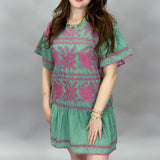 Lora Lee Half-sleeve Floral Embroidered Stripe Dress, Green