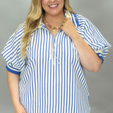 Love Me Not Half-Zip Stripe Puff Sleeve Top