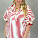 Love Me Not Half-Zip Stripe Puff Sleeve Top
