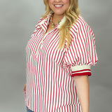 Love Me Not Half-Zip Stripe Puff Sleeve Top