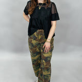 Mess It Up Mid Rise Cropped Relaxed Fit Pants, Camo