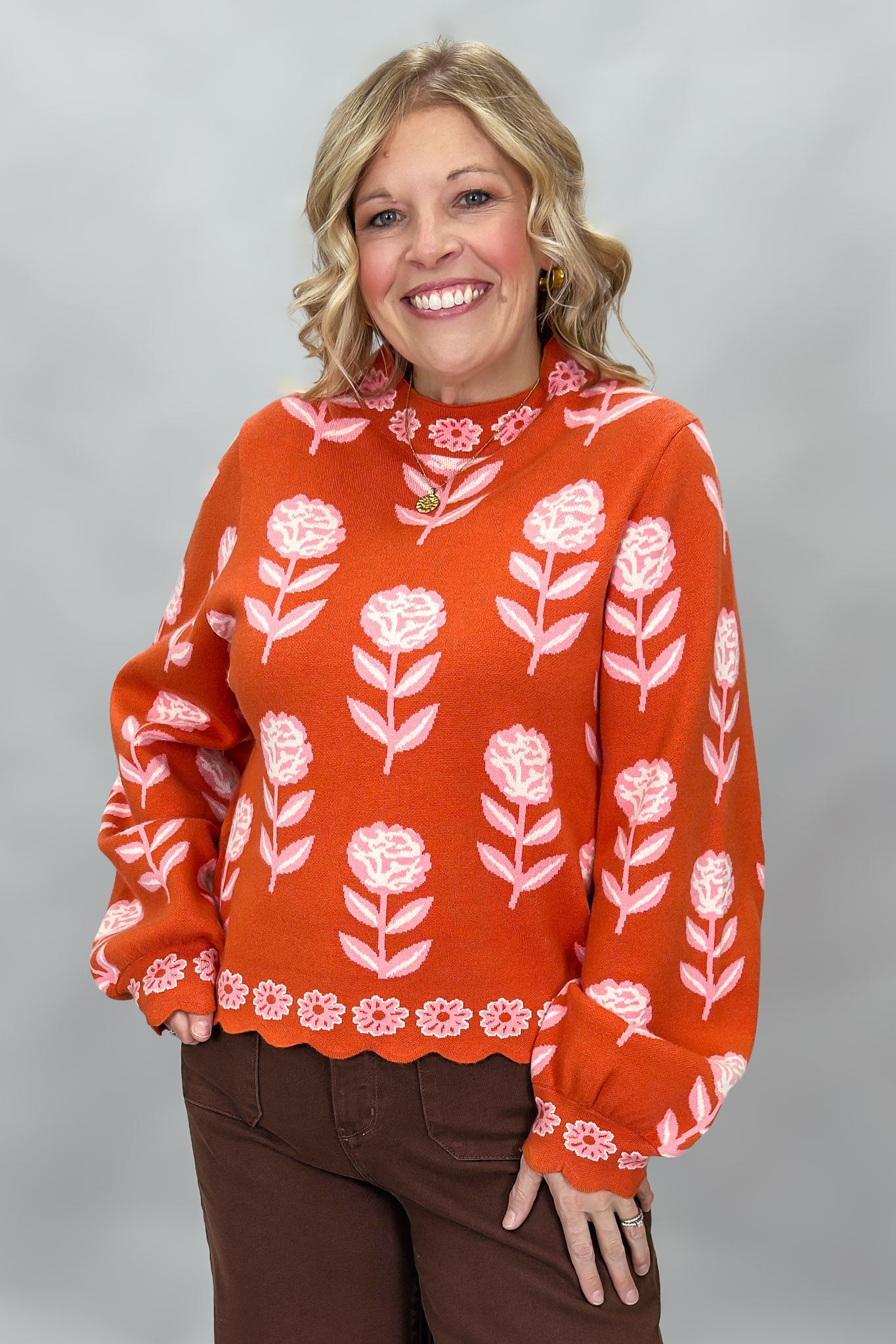 Mind Over Matter Floral Mock Neck Sweater, Orange