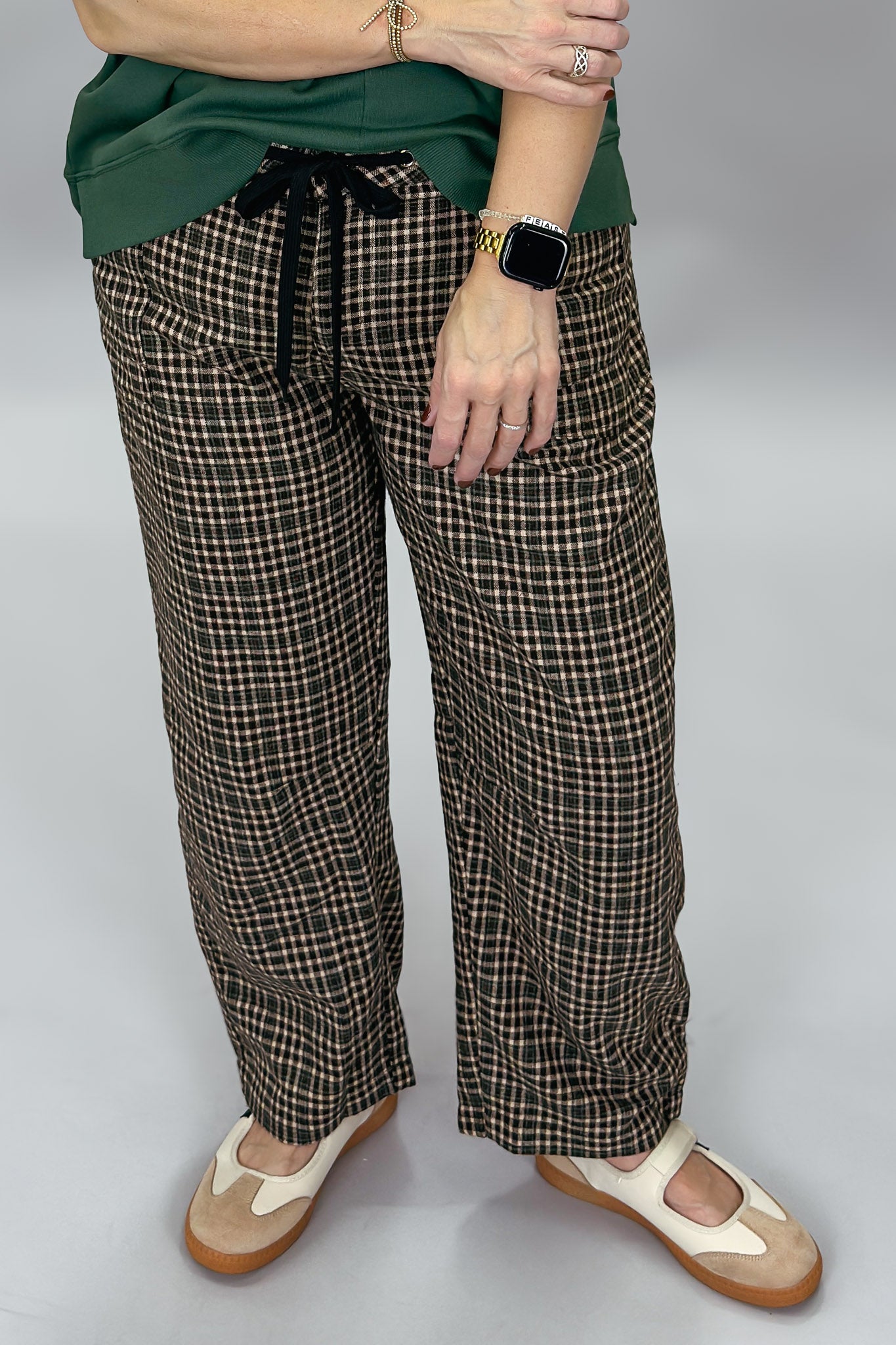 Cozy Co Miracle Mile espresso gingham pants, front view