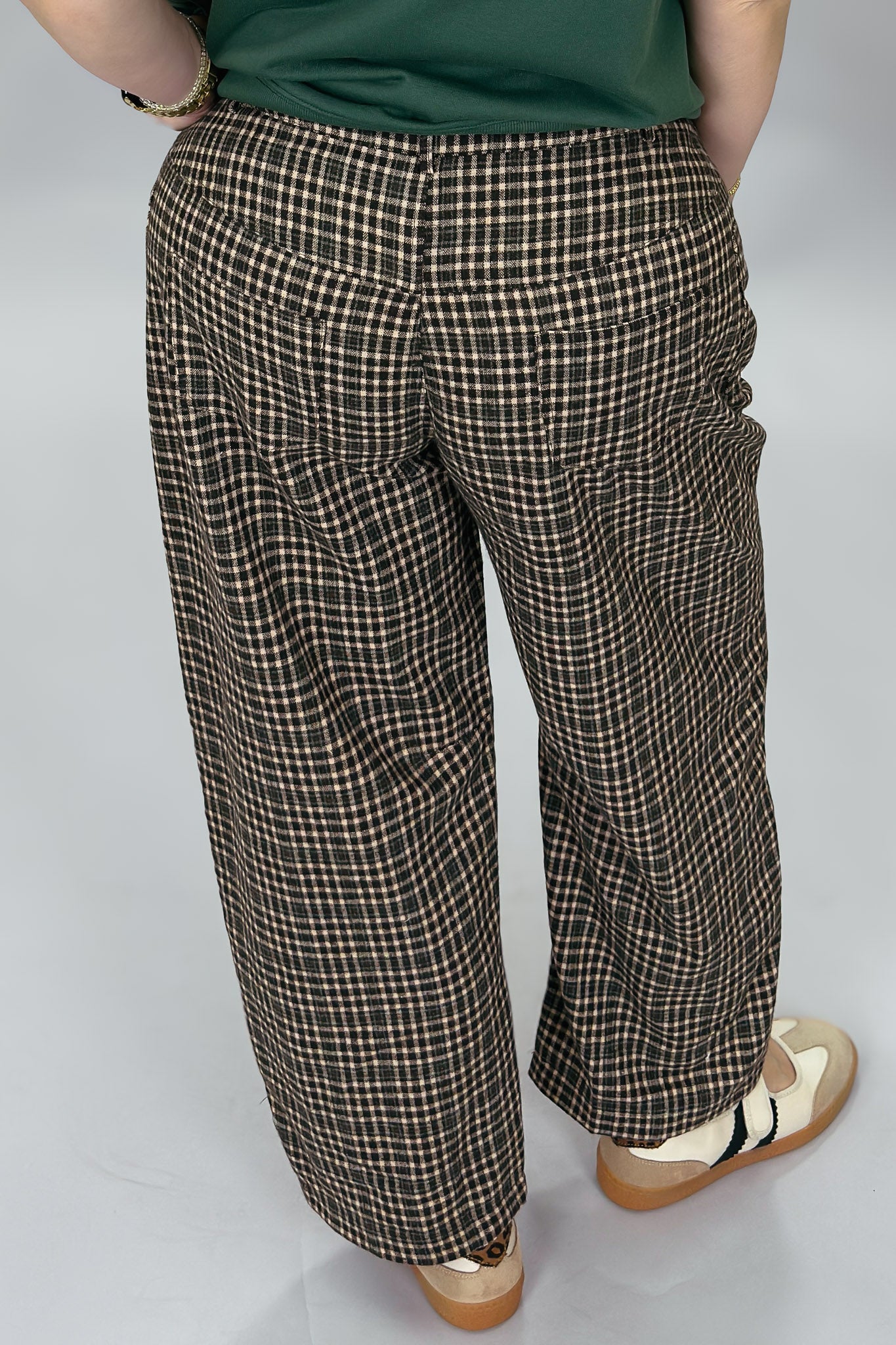 Cozy Co Miracle Mile espresso gingham pants, back view