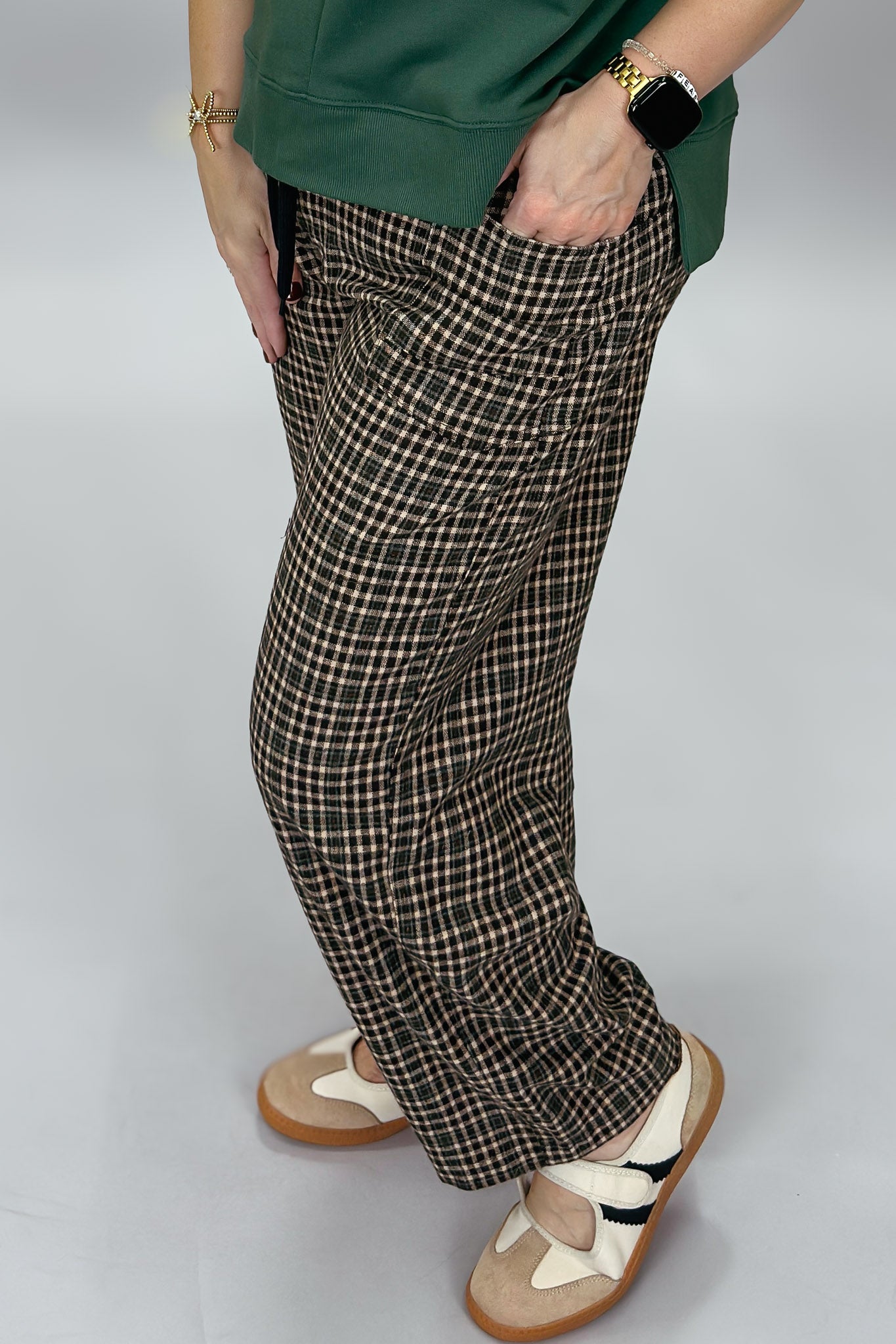 Cozy Co Miracle Mile espresso gingham pants, side view