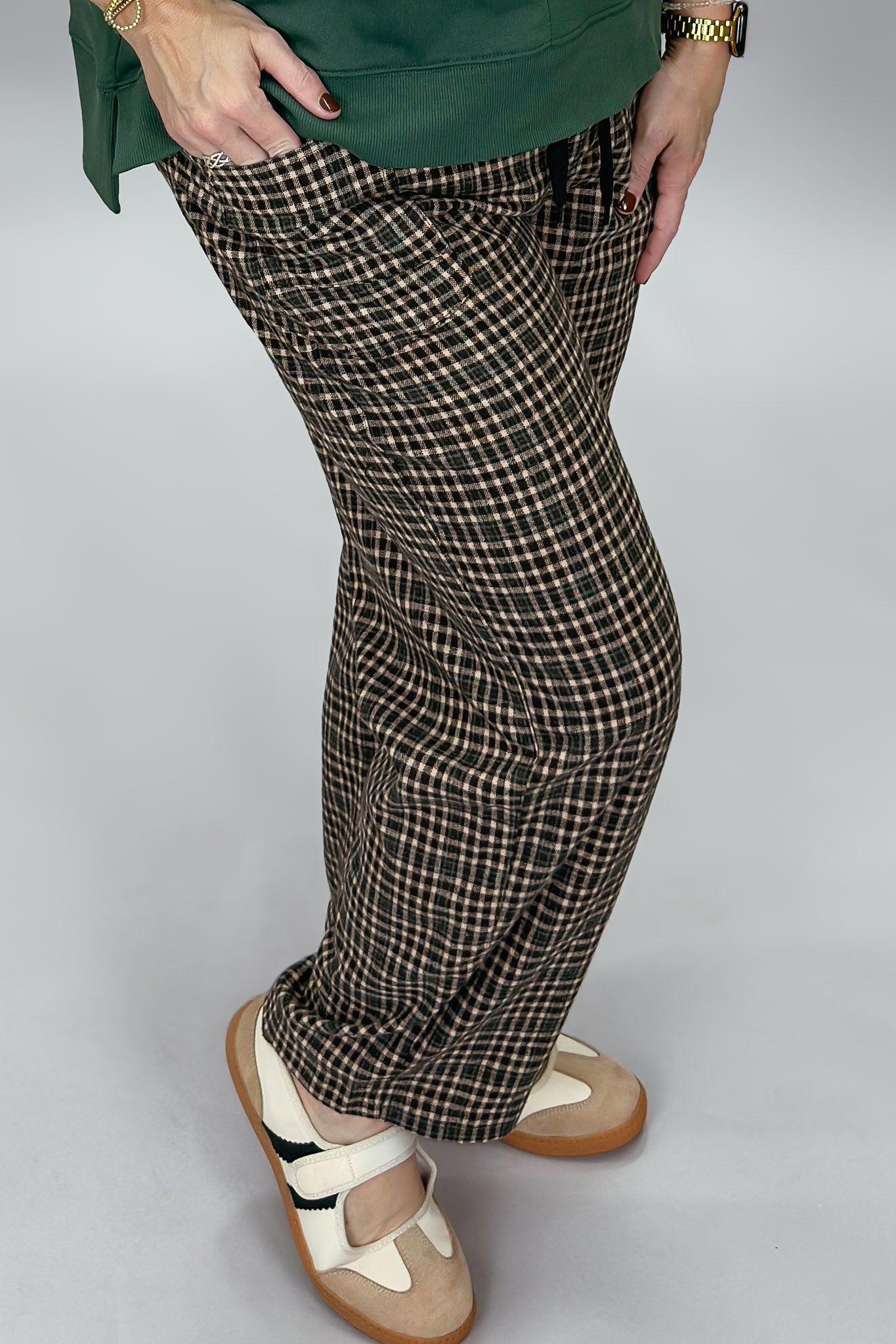 Cozy Co Miracle Mile pants, gingham check close-up