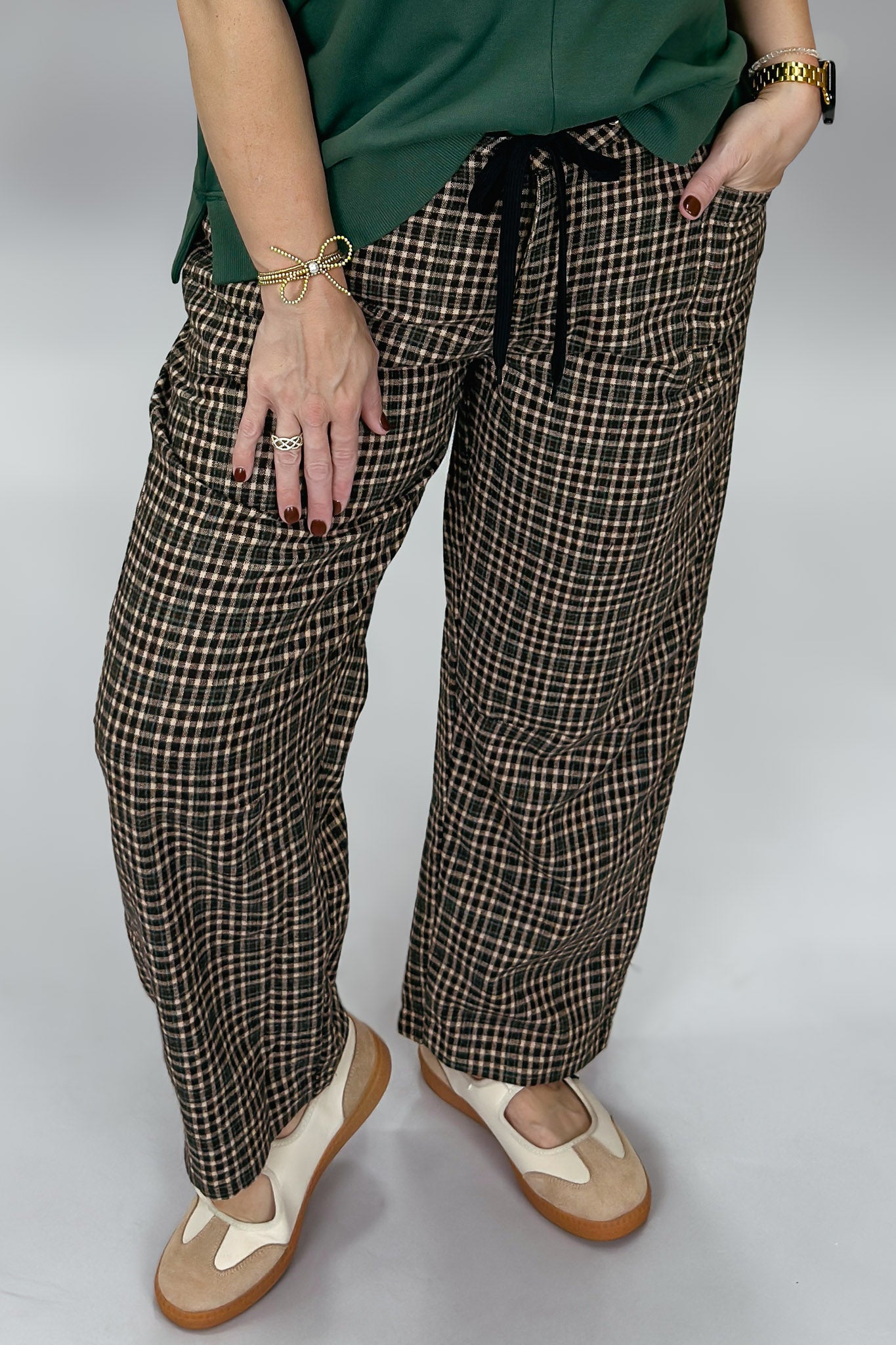 Cozy Co Miracle Mile espresso gingham pants, styled look