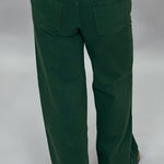 Just USA forest green straight-leg jeans with front and back pockets; back view.