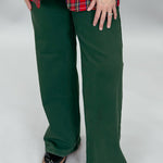 Just USA forest green straight-leg jeans with front and back pockets; front model view.