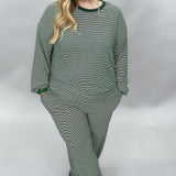 More Than Fine Striped Long Sleeve Wide Leg Lounge Set, Green