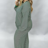 More Than Fine Striped Long Sleeve Wide Leg Lounge Set, Green