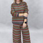 Compania Fantastica multicolor striped sweater and wide-leg pants set; front model view.